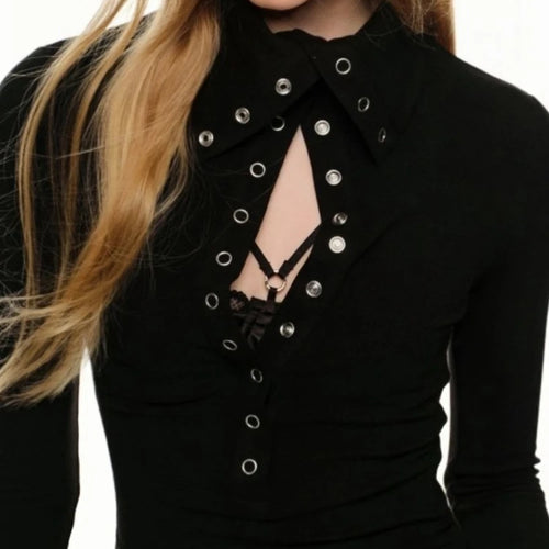 Load image into Gallery viewer, Y2k Aesthetic Vintage Solid Single Breasted Tops 2025 Streetwear Half High Collar Tshirts Women Grunge Harajuku Bodycon Tees
