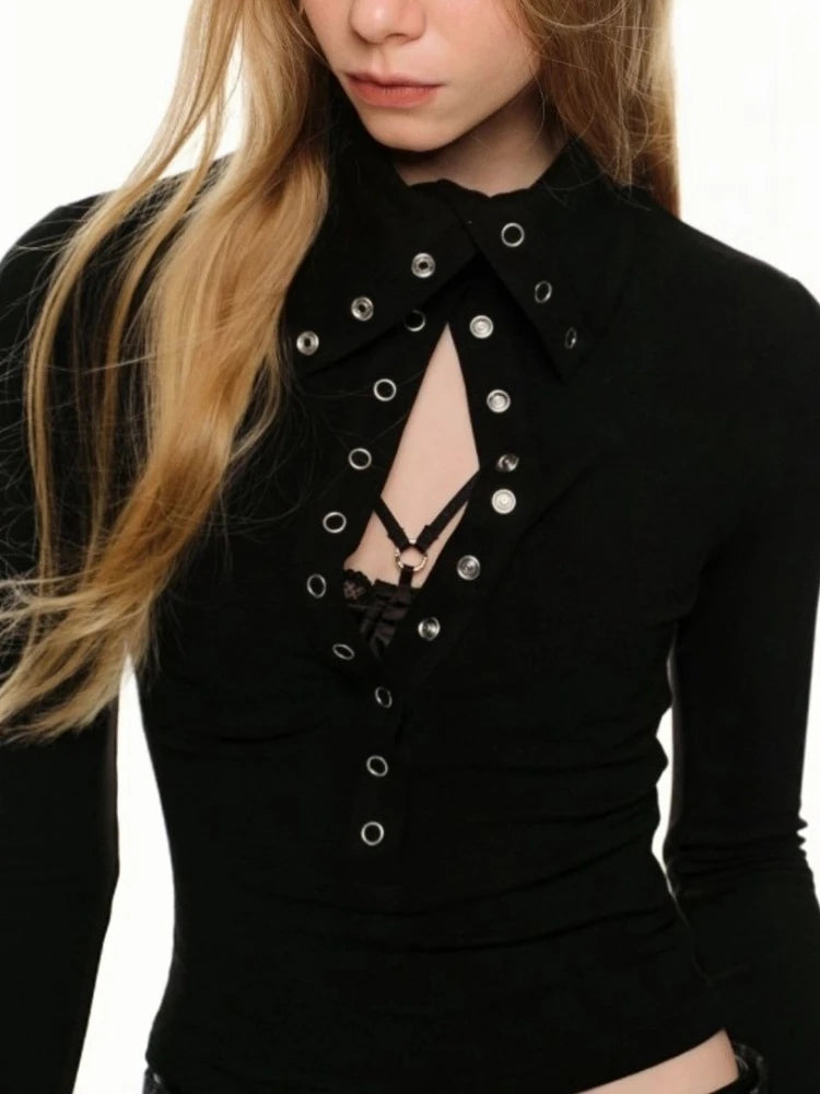 Y2k Aesthetic Vintage Solid Single Breasted Tops 2025 Streetwear Half High Collar Tshirts Women Grunge Harajuku Bodycon Tees