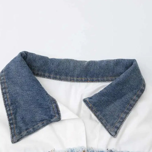 Load image into Gallery viewer, Women White Denim Color-block Big Size Elegant Blouse New Lapel Long Sleeve Shirt Fashion Tide Spring Autumn 2025 CPDB122
