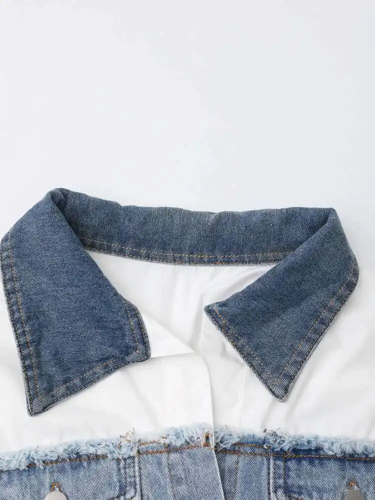 Women White Denim Color-block Big Size Elegant Blouse New Lapel Long Sleeve Shirt Fashion Tide Spring Autumn 2025 CPDB122