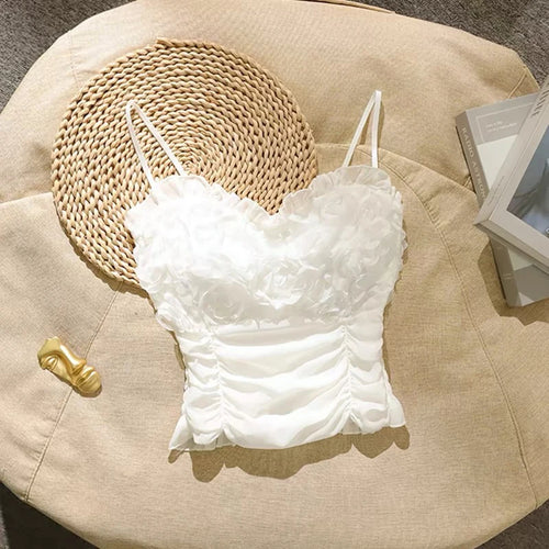 Load image into Gallery viewer, y2k Camisole Women Clothes 3D Flower Frill Trim Scoop Neck Spaghetti Strap Backless Padded Crop Tops 2000s Clothing
