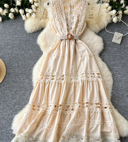 Retro French 2024 New Summer Women Solid Elegant Hollowed Out Sleeveless Long Dress Sweet Lace Patchwork Single Breasted Dresses