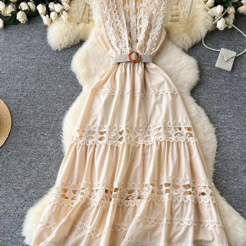 Load image into Gallery viewer, Retro French 2024 New Summer Women Solid Elegant Hollowed Out Sleeveless Long Dress Sweet Lace Patchwork Single Breasted Dresses
