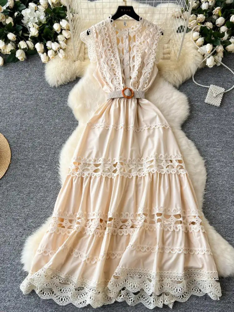 Retro French 2024 New Summer Women Solid Elegant Hollowed Out Sleeveless Long Dress Sweet Lace Patchwork Single Breasted Dresses