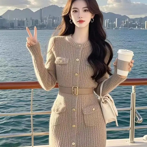 Load image into Gallery viewer, French Women Khaki Single Breasted Long Sleeved Mini Dress Autumn Winter New Round Neck Slim Festival Knitted A-line Short Dress
