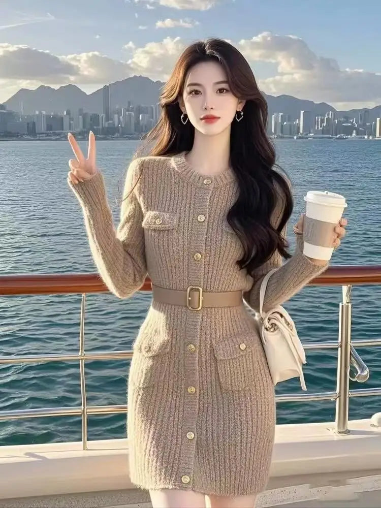 French Women Khaki Single Breasted Long Sleeved Mini Dress Autumn Winter New Round Neck Slim Festival Knitted A-line Short Dress