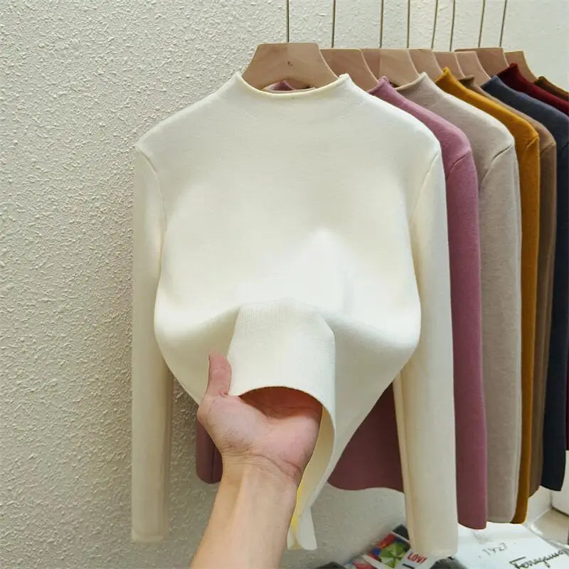Autumn Winter Women Solid Half High Neck Velvet Sweater Korean Fashion Warm Knitwear Long Sleeve Pullovers Tops Thick Simplicity