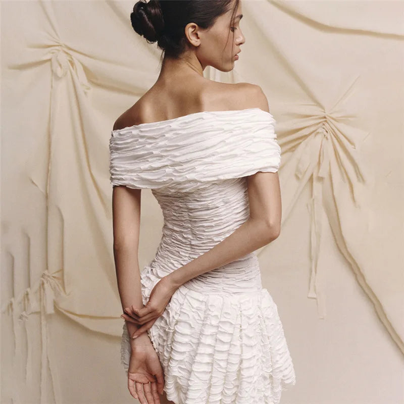 Sexy Off-shoulder Sleeveless Pleated A-line Mini Dress For Women Patchwork Slim Fit Summer Robe High Waist Party Dress