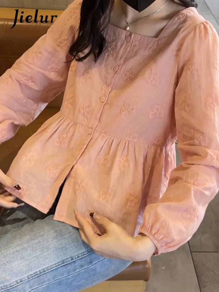 Pink Square Neck Spring Women Shirt French Style Lantern Sleeve Single Breasted Fashion Chic Summer Casual Office Lady