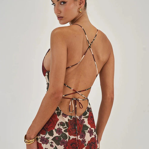 Load image into Gallery viewer, Spaghetti Strap Backless Print Dress For Women Fashion Deep V Neck Sleeveless Lace Up Bodycon Printed Sexy Long Dress
