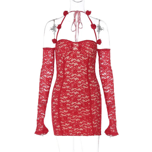 Load image into Gallery viewer, Red Lace Off-shoulder Sexy Mini Dress For Women Fashion Halter Strapless Long Sleeve Bodycon Club Party Sexy Dress
