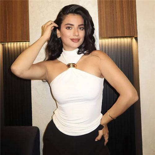 Load image into Gallery viewer, Turtleneck Basic Knit Tank Tops Women Vest Pullovers Metal Ring Camisole Sleeveless Skinny Knitted Tops Y2K Cropped Top
