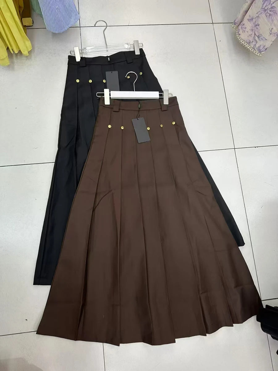 Solid Spliced Button Chic Skirts For Women High Waist Spliced Folds Temperament A Line Skirts Female Fashion New