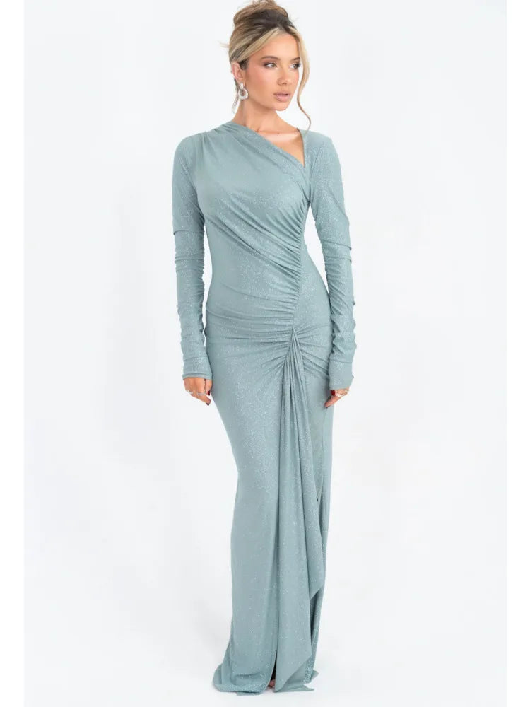 Elegant Long Sleeve Elastic Tight Irregular Party Evening Dress Women Winter New 2025 Bodycon Vestdos Maxi Slim Dress