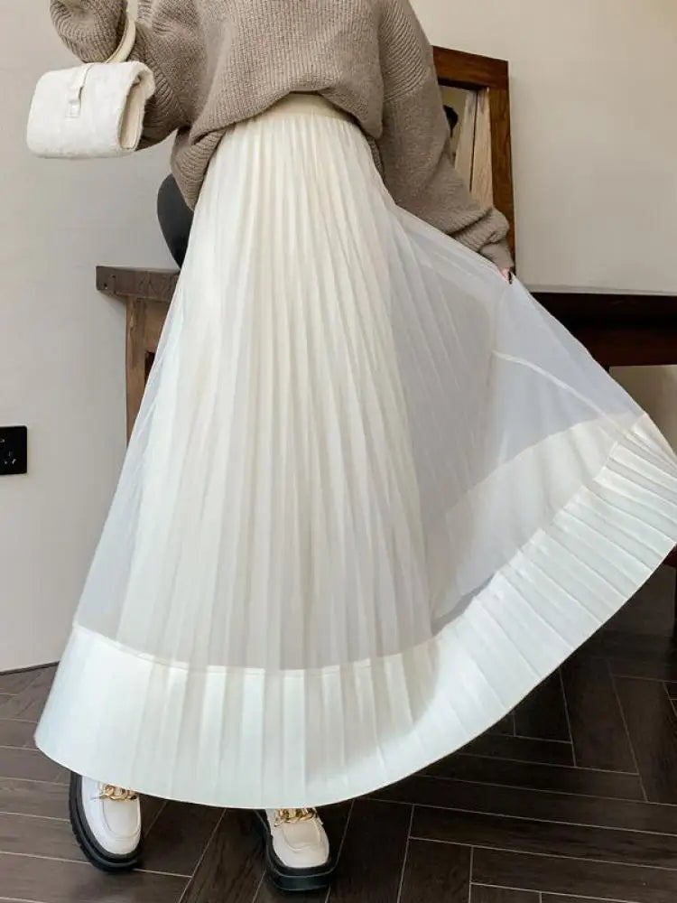 Autumn Winter New Black Beige Patchwork Mesh Elegant High Waist Long Skirt Women Brown Festival Pleated Skirt Simplicity Popular