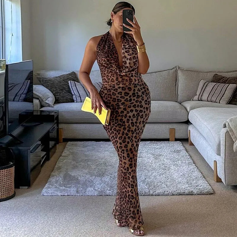 Leopard Print Backless Sexy Maxi Dress For Women Gown Fashion Halter Strapless Sleeveless Bodycon Printed Long Dress
