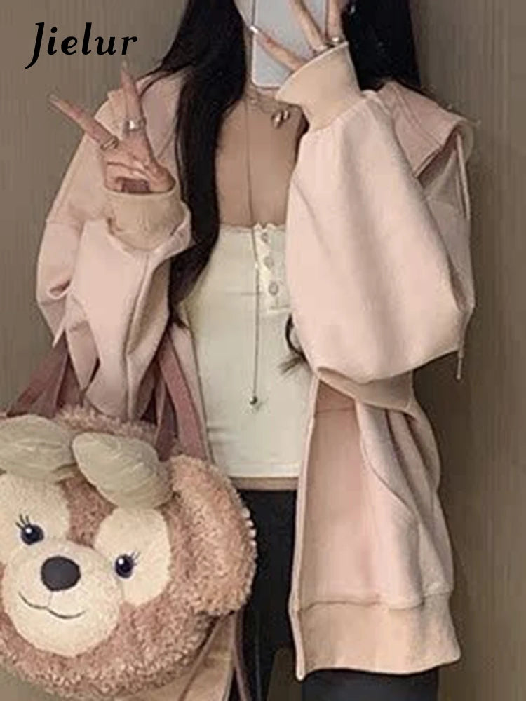 Pink Two Piece Set Basic Women's Hoodies Preppy Style New Solid Color Drawstring Fashion Simple Female Hoodies Streetwear