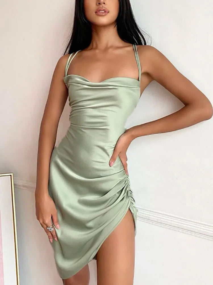 Satin Bodycon Backless Dress Women Solid Spaghetti Strap Dress Women Spring Casual Hollow Out Skinny Evening Vestidos