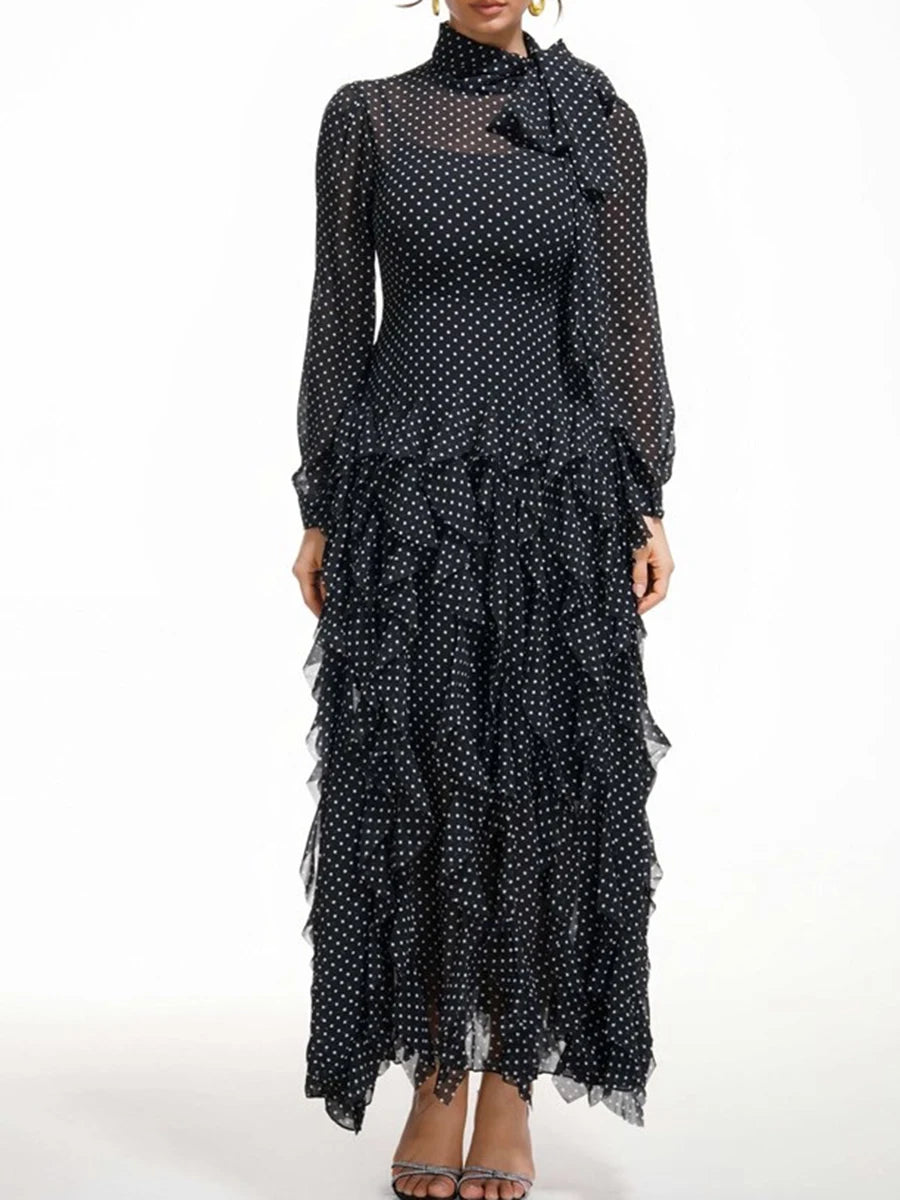 Hit Color Slimming Dresses For Women Scarf Collar Long Sleeve High Waist Temperament Mesh Dresses Female Fashion