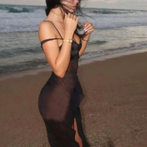 Load image into Gallery viewer, See Through Mesh Black Split Long Dresses Summer 2024 Woman Sexy Beach Vacation Dress Night Club Outfits C83-CZ17
