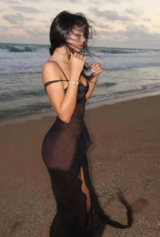 See Through Mesh Black Split Long Dresses Summer 2024 Woman Sexy Beach Vacation Dress Night Club Outfits C83-CZ17