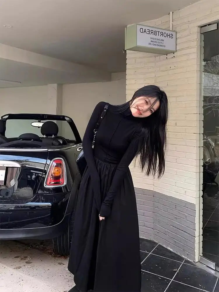 Women's New French Vintage Black Slim Temperament High-grade Temperament Knit Dress Autumn Winter Elegant Party Long Dress Trend