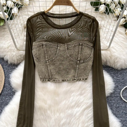 Load image into Gallery viewer, Retro Women Denim Patchwork Mesh Long Sleeved Short Top Autumn Korean Fashion Versatile Elegant Round Neck T Shirt Trend Popular
