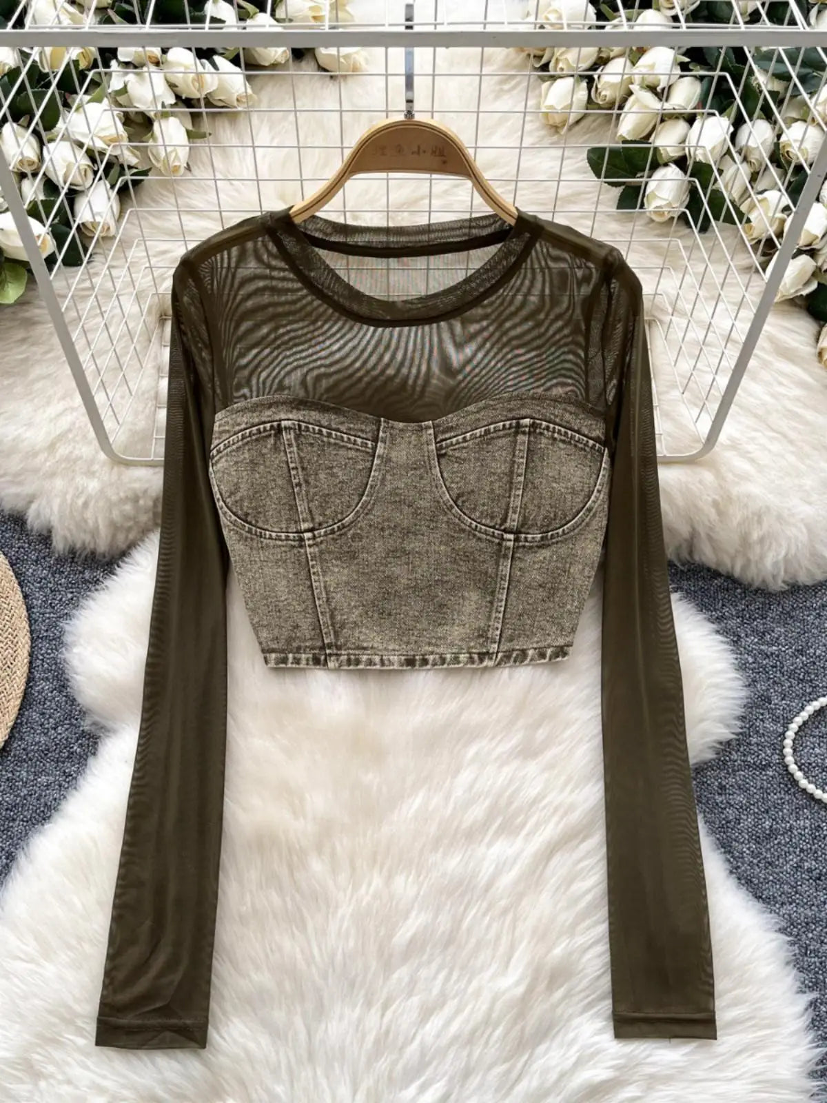 Retro Women Denim Patchwork Mesh Long Sleeved Short Top Autumn Korean Fashion Versatile Elegant Round Neck T Shirt Trend Popular