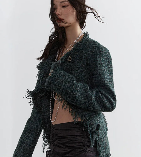 Green Irregular Hem Burr Vintage Tweed Jacket New V-neck Long Sleeve Women Coat Fashion Tide Spring Autumn 2025 1DH4720