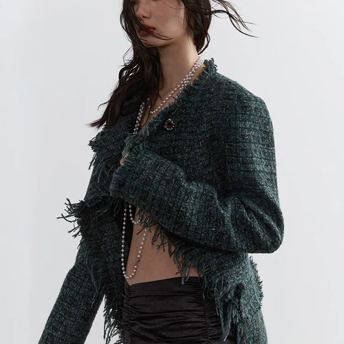 Load image into Gallery viewer, Green Irregular Hem Burr Vintage Tweed Jacket New V-neck Long Sleeve Women Coat Fashion Tide Spring Autumn 2025 1DH4720
