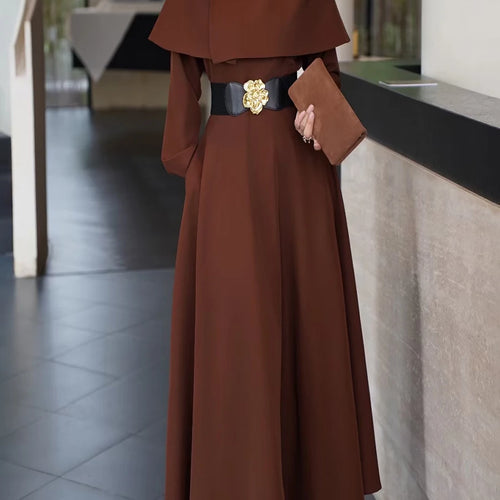 Load image into Gallery viewer, Solid Slimming Spliced Belt Temperament Dresses for Women Round Neck Long Sleeves Dress Female Fashion Clothing New
