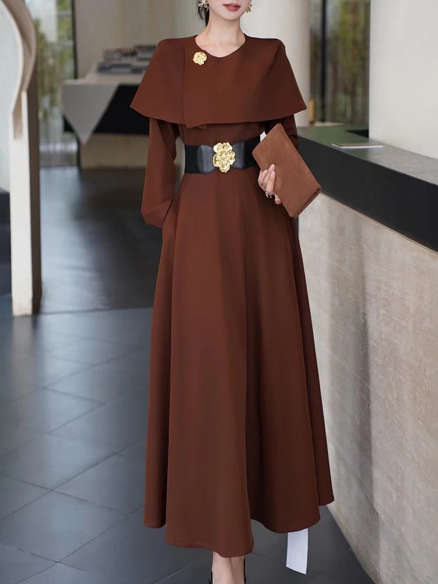 Solid Slimming Spliced Belt Temperament Dresses for Women Round Neck Long Sleeves Dress Female Fashion Clothing New