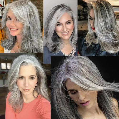 Load image into Gallery viewer, Synthetic Wig With Curtain Bangs Long Layered Wig Natural Silver Gray Wigs Women Salt and Pepper Hair Halloween Costume
