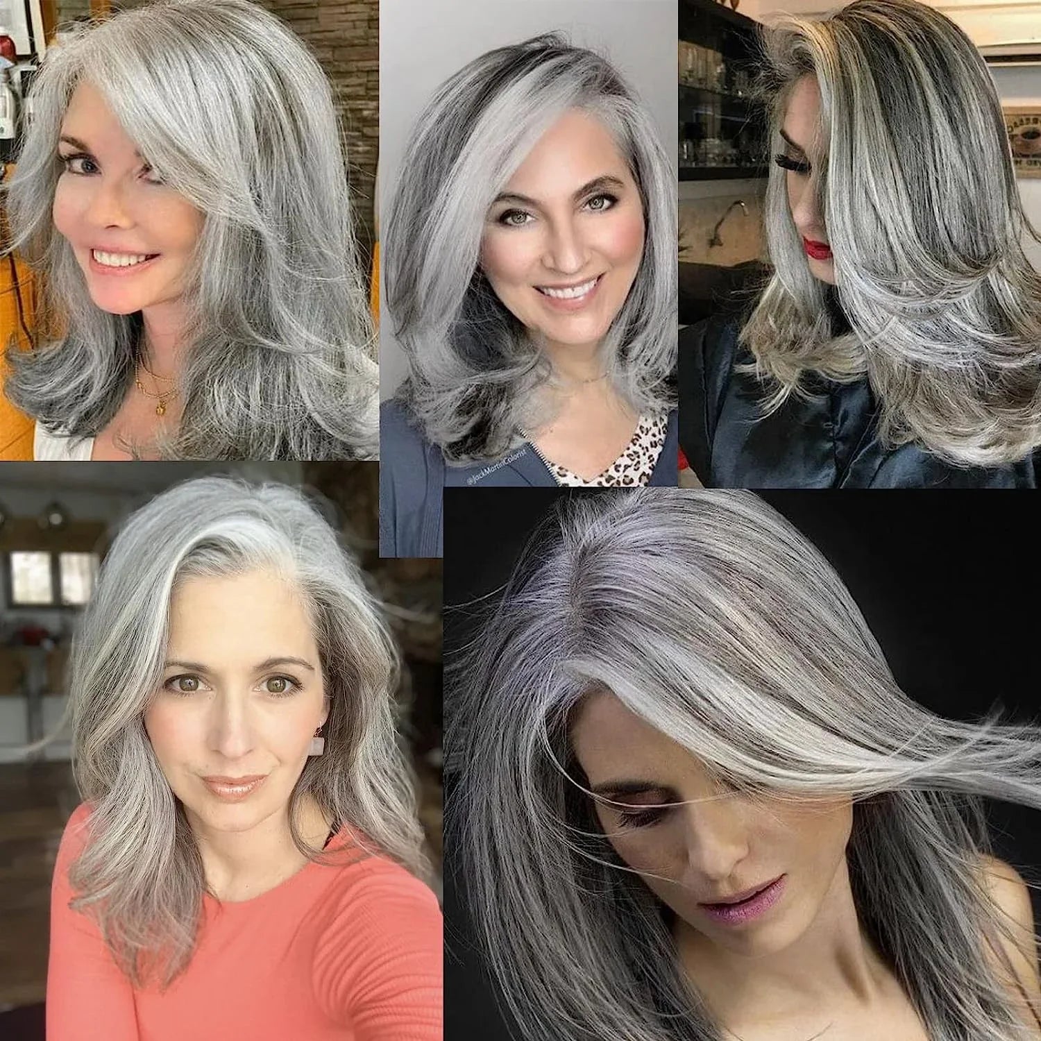 Synthetic Wig With Curtain Bangs Long Layered Wig Natural Silver Gray Wigs Women Salt and Pepper Hair Halloween Costume