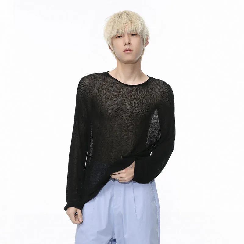 Men's T-shirt Summer New Korean Style Color Long Sleeve Trend Hollow Out Soild Color Round Neck Male Clothing 9C5296