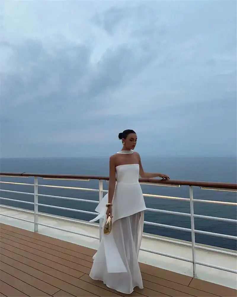 Elegant Strapless Sexy Maxi Dress For Women Gown With Scarf Off-shoulder Sleeveless Backless Split Beach Long Dress