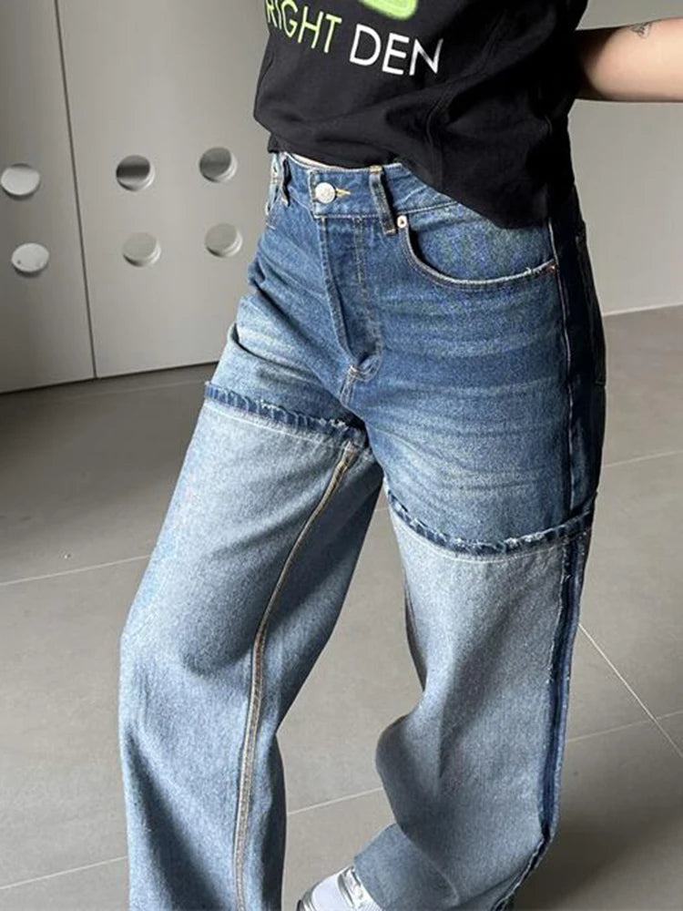 Casual Patchwork Denim Pants For Women High Waist Spliced Pockets Hit Color Loose Wide Leg Pant Female Fashion