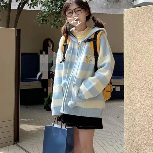 Load image into Gallery viewer, Japanese Kawaii Cartoon Dog Embroidery Knited Cardigan Women All Match Striped Sweater Jackets Hooded Coats Kardigany
