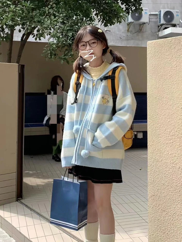 Japanese Kawaii Cartoon Dog Embroidery Knited Cardigan Women All Match Striped Sweater Jackets Hooded Coats Kardigany