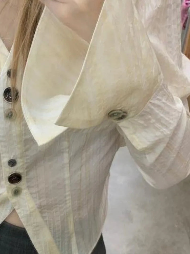 Y2k Aesthetic Pleated Flare Sleeve Women Blouse Sexy Single Breasted Slim Grunge Solid Shirt Harajuku Crop Streetwear Blusas