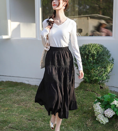 Spring Summer French Sweet Beige Ruffle Edge Cake Long Skirt Women Black White Vintage Patchwork Lace High Waist Party Skirt New