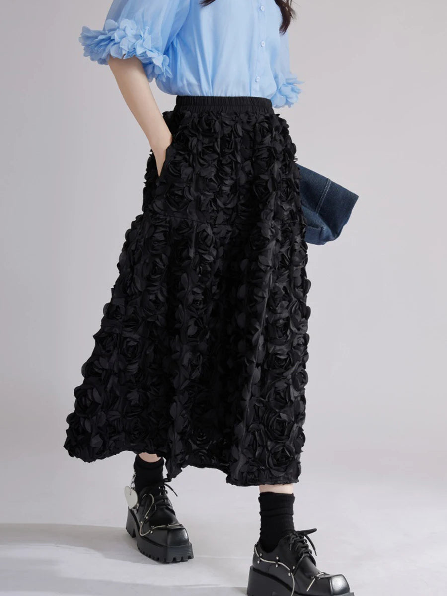 Blackwhite Hit Color Spliced 3D Flower Fashion Skirts for Women High Waist Patchwork Pockets Long Skirt Female New