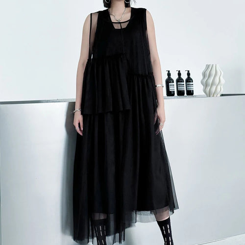 Load image into Gallery viewer, Women Black Khaki Mesh Perspctive Big Size Long Dress New Round Neck Sleeveless Fashion Tide Spring Autumn 2025  1DJ1064
