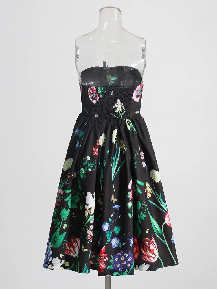 Strapless Print Slim Dress For Women Sleeveless High Waist Colorblock Patchwork Ruched Elegant Dress Female Fashion Style