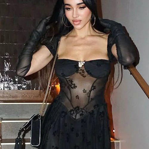 Load image into Gallery viewer, See Through Lace Sexy Mini Dress Women Patchwork Short Sleeve Square Collar Backless High Waist Pleated Club Dress
