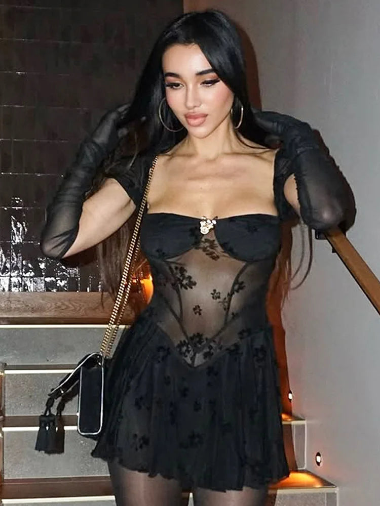 See Through Lace Sexy Mini Dress Women Patchwork Short Sleeve Square Collar Backless High Waist Pleated Club Dress