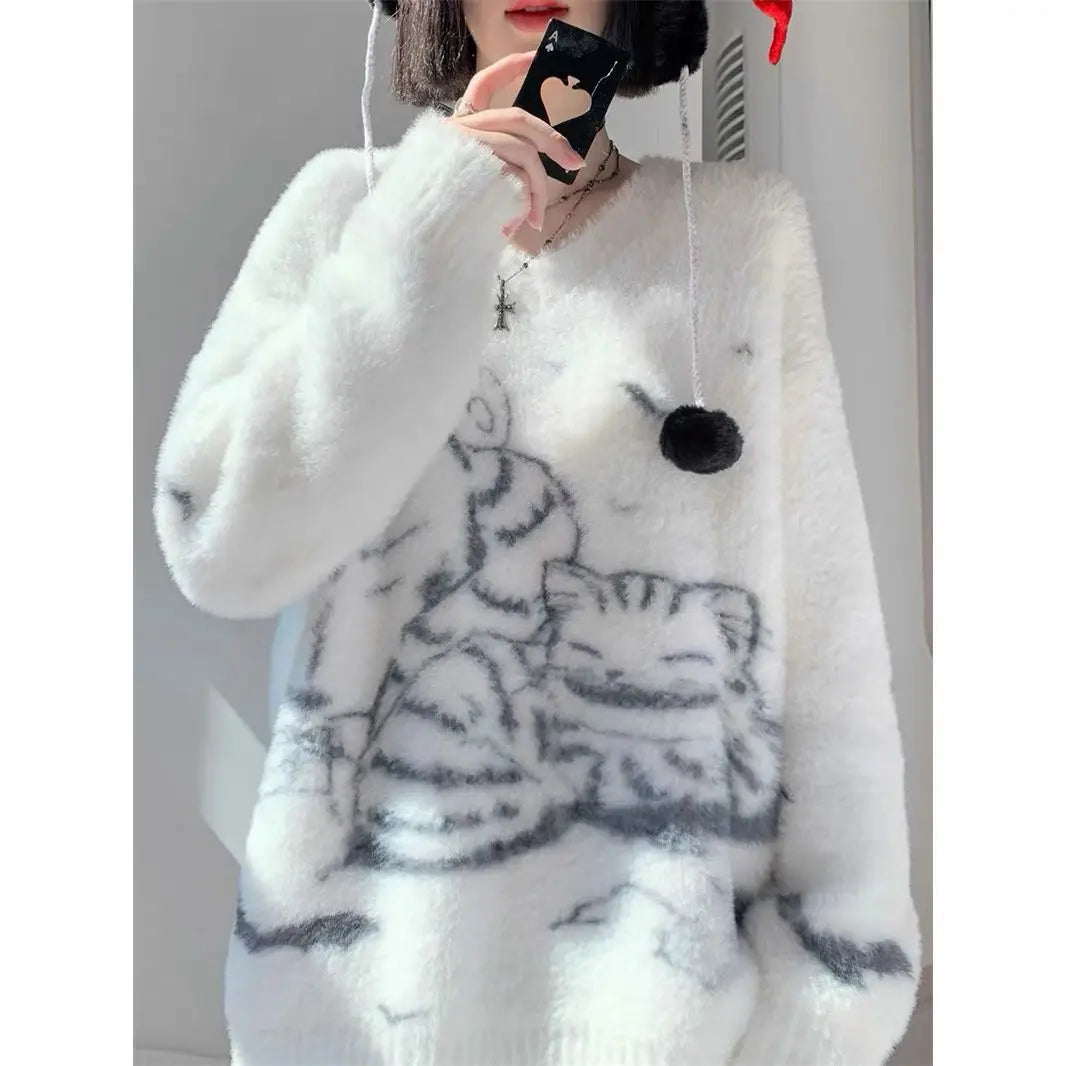 Furry Soft Jumper Oversized Pullovers for Women's 2024 Fall Winter Clothing Sweet Cute Sueter Mujer Cat Knitting Sweater Tops