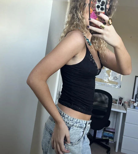 y2k Crop Top Women Gothic Lace Trim Rhinestone Spaghetti Strap Sleeveless Camisole Fairy Grunge Clothes Streetwear