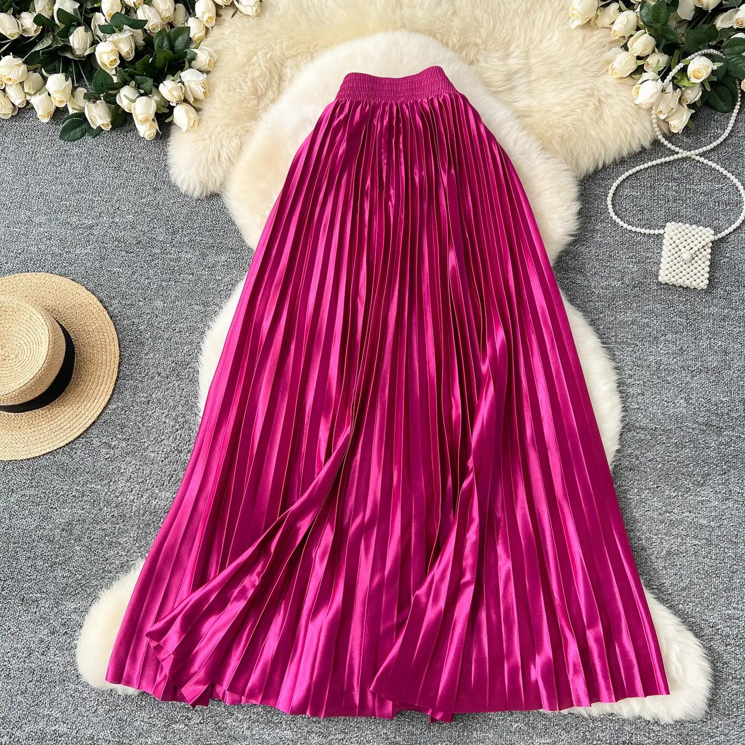 French Retro Women Fashion Solid Elegant Long Skirt Autumn Winter Elastic High Waist Popular Pleated Skirt Simplicity Streetwear