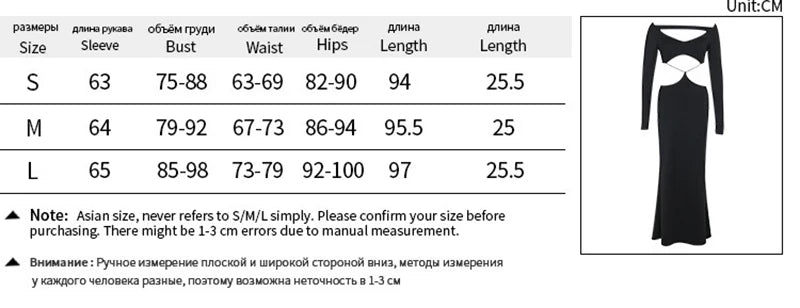 Hollow Out Long Sleeve Sexy Maxi Dress For Women Black Solid Backless Bodycon Club Party Sexy Long Dress Elegant